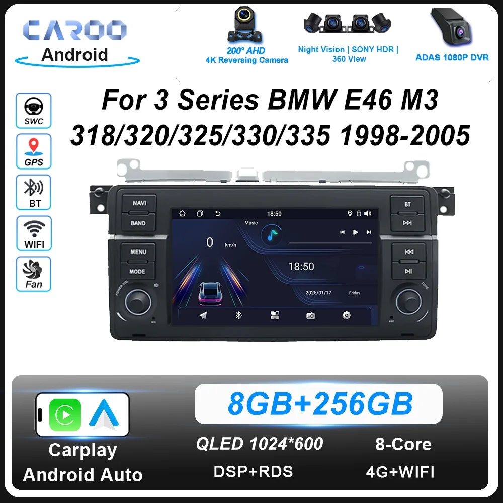 

7-дюймовый автомобильный Android-радио стерео для 3 серии BMW E46 M3 318/320/325/330/335 1998-2005 гг. Автоматический мультимедийный плеер GPS Carplay NO 2DIN