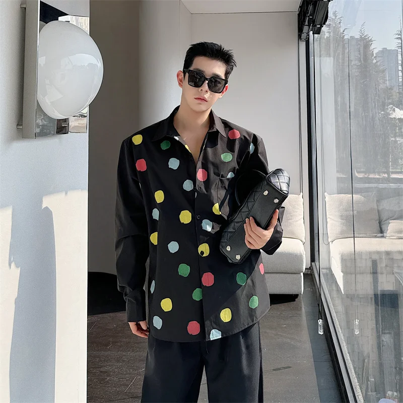 

Korean Sle Polka Dot Print Long Sve Men's Casual irt Faionable Trendy High-End Feeling Leisure irt Spring Trend