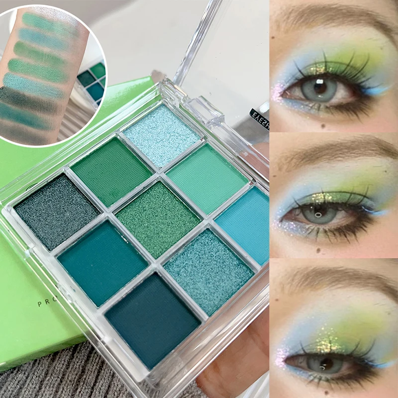 Palette di ombretti glitterati a 9 colori Palette di ombretti acrilici opachi perlescenti blu luccicanti Cosmetici per il trucco degli occhi impermeabili