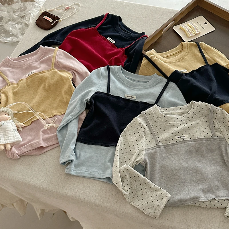 

Baby Girl Top Clothes Kids Long Sleeve Tee With Fake 2Pieces Design Child Spring Autumn Casual Fashion Korea T-Shirt Size 2-11Y