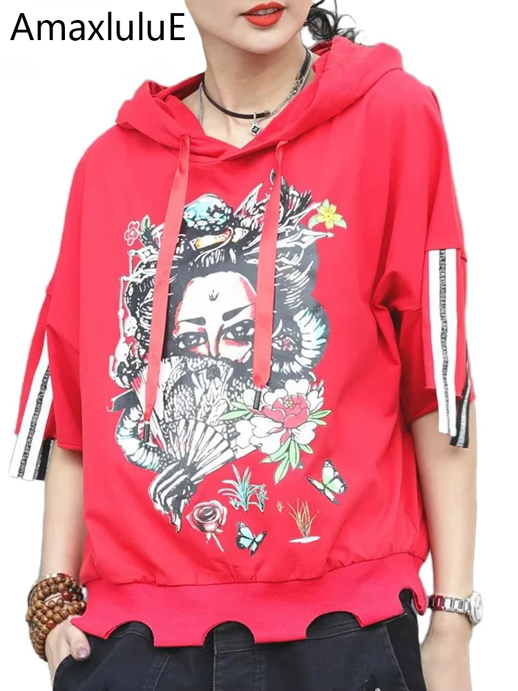 

Amax luluE Korean Summer New Designer Women Vintage Printed Hooded Hoodies Ladies Casual Fitness Loose Sweatshirts Punk Clothing