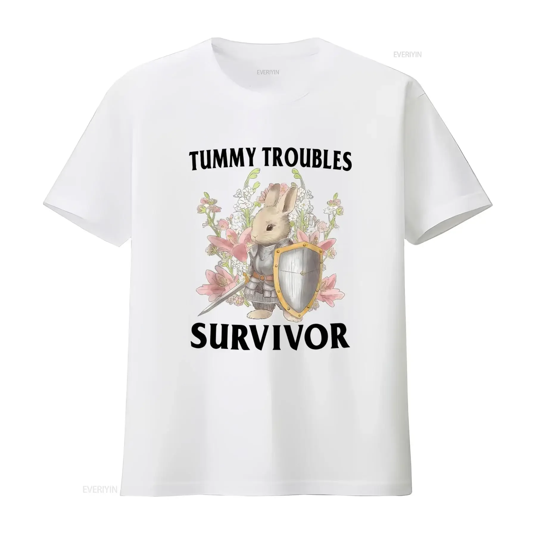 Tummy Troubles Survivor Rabbit Knight Floral T Shirt for  vintage Washed Versatile graphic Soft Breathable Slightly