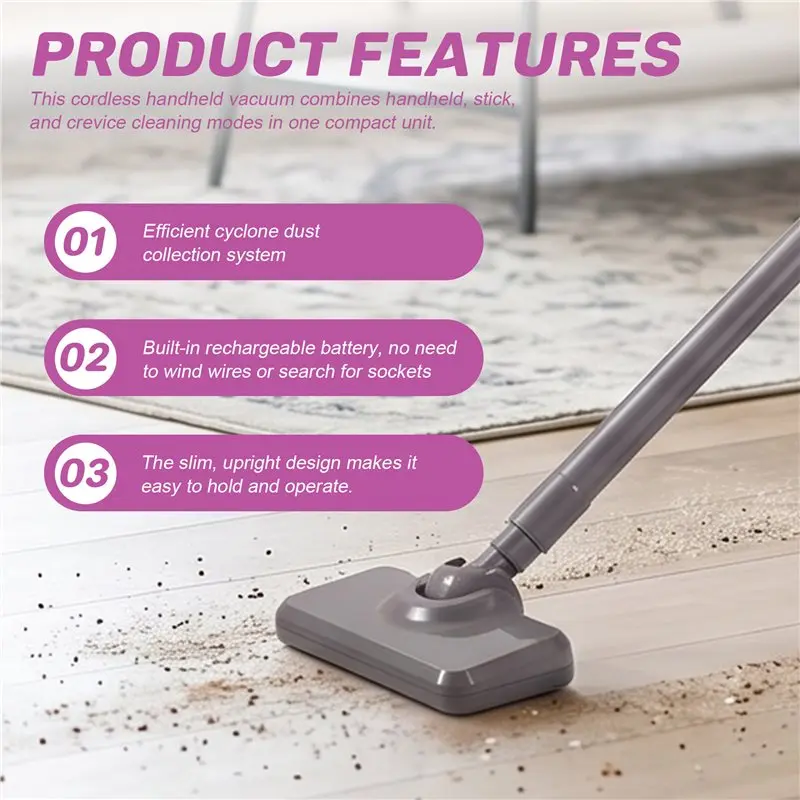 

A66Z Cordless 3-In-1 Handheld Vacuum Cleaner-Rechargeable Stick Type Featuring Cyclonic Suction Work For PC, Car, Home& Office