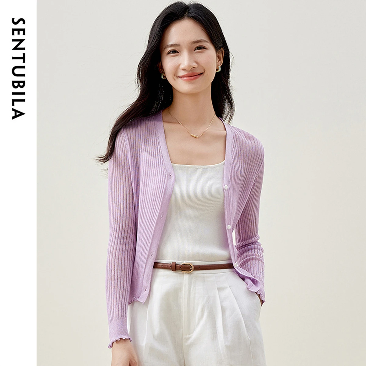 SENTUBILA 슬림 핏 니트 가디건 여성 2025 봄 가을 출퇴근용 브이넥 긴팔 스플라이스 버튼 아우터웨어 탑스 W51H58624