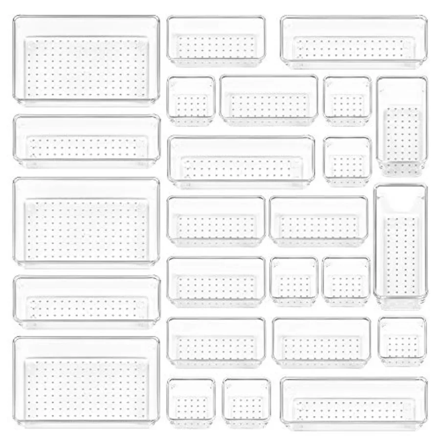 

Набор из 25 пластиковых органайзеров для ящиков, 4 размера, универсальные лотки-органайзеры для ванной и туалетного столика, контейнеры для хранения косметики и для спальни