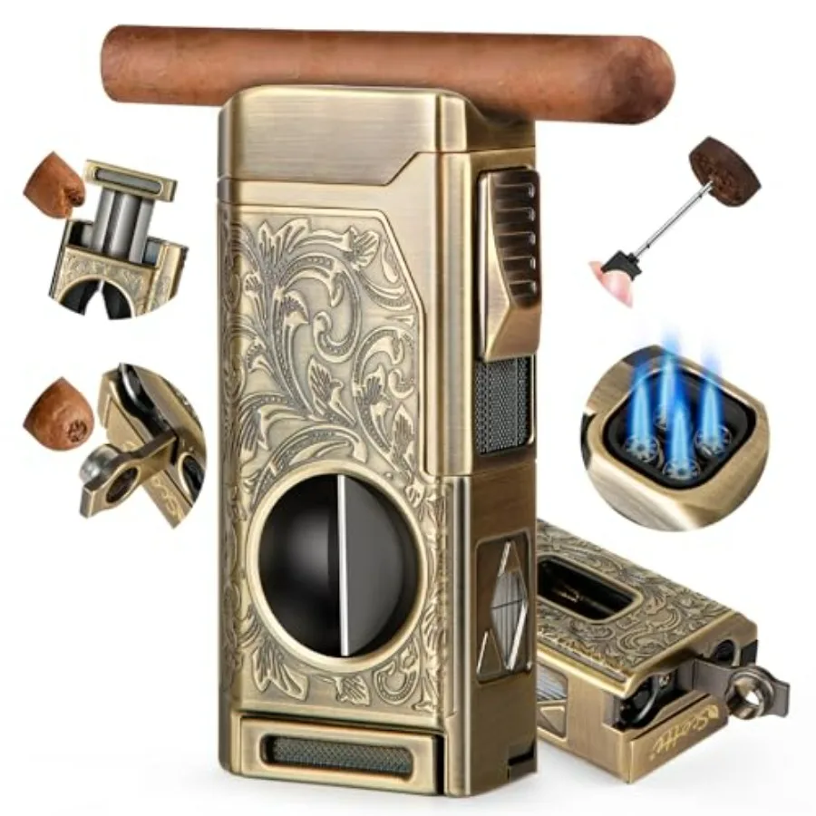 

Cigar Lighter, 4 Jet Flame Torch Lighter, Refillable Butane Lighter with Cigar Cutter V Cut Cigar Punch Cigar Holder Cigar Draw