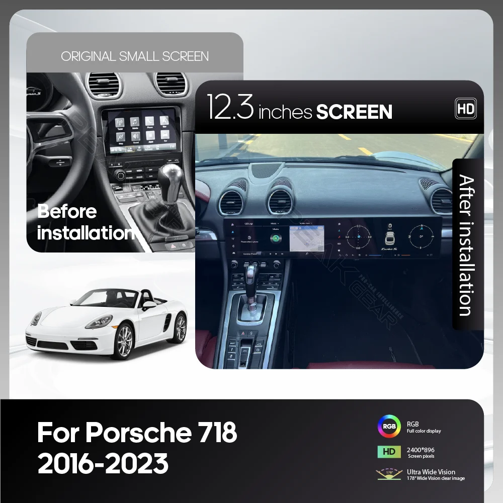 For Porsche 718 Boxster 2016-2023 Car Multimedia 360 Player 12.3Inch Dual screen Android 15 GPS Navigation Radio Carplay 4G Auto
