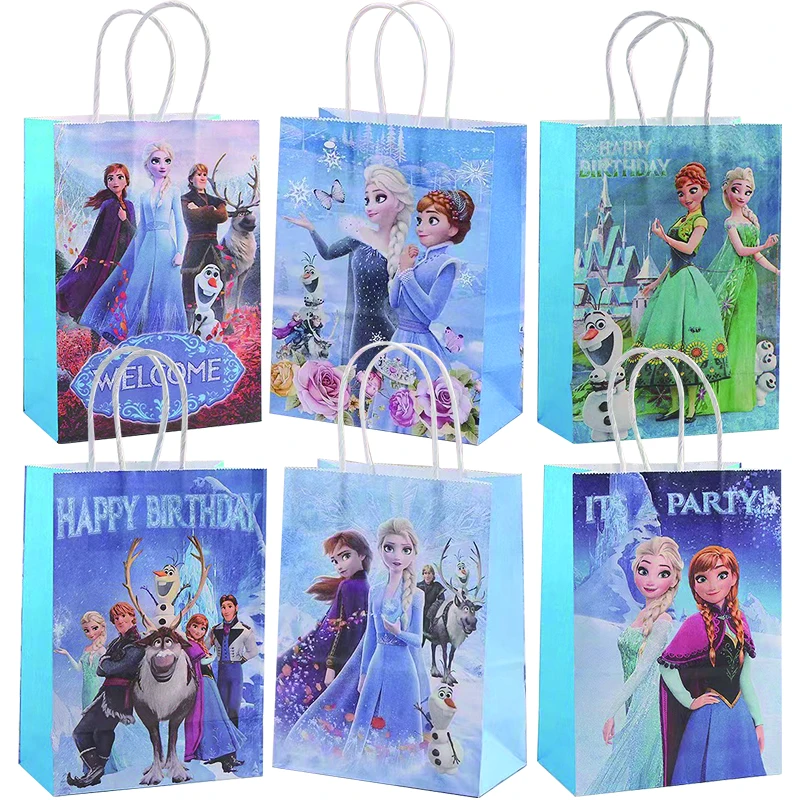 12pcs Frozen Party Gift Bags with Handle Queen Princess Party Kraft Paper Goodie Bag Girls Birthday Party Favors Bag Decorations