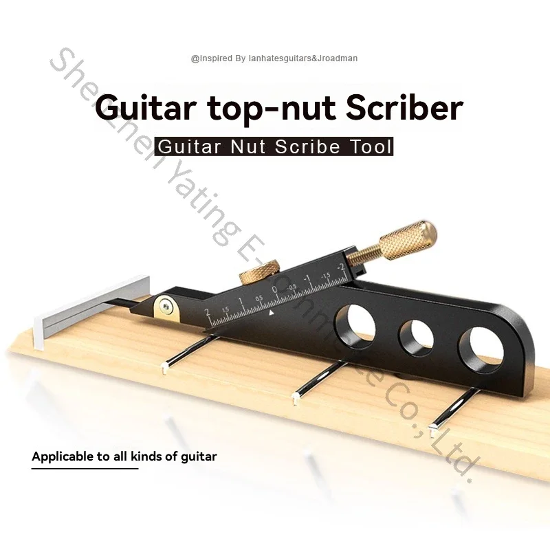Folk and electric guitar production adjustment tools: guitar nut marking tool, nut slotting tool, string distance marker pen.