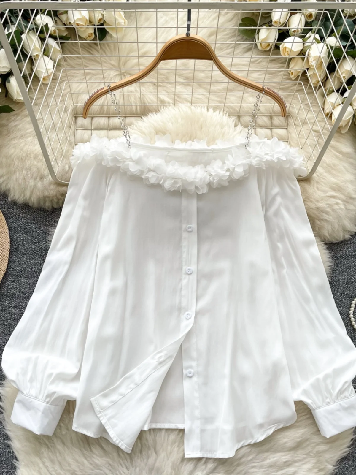 Ele Off-oulder Loose Fit irt with Choker Design And 3D Lace Trim Commute Sle Korean Version Long Sve Spring irt