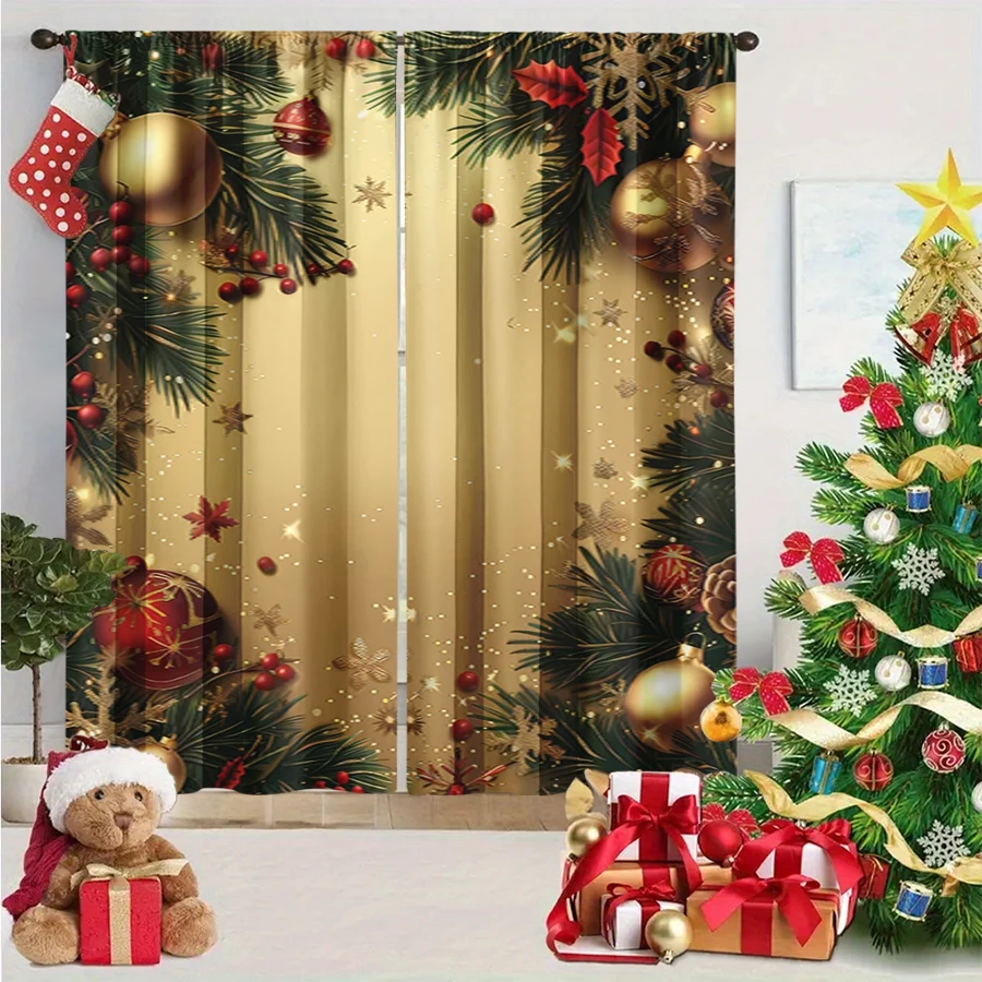 2PCS Gold Christmas Print Curtains, Xmas Ball Pine Branch Snowflake Window Drapes for Holiday Bedroom Living Room Decor