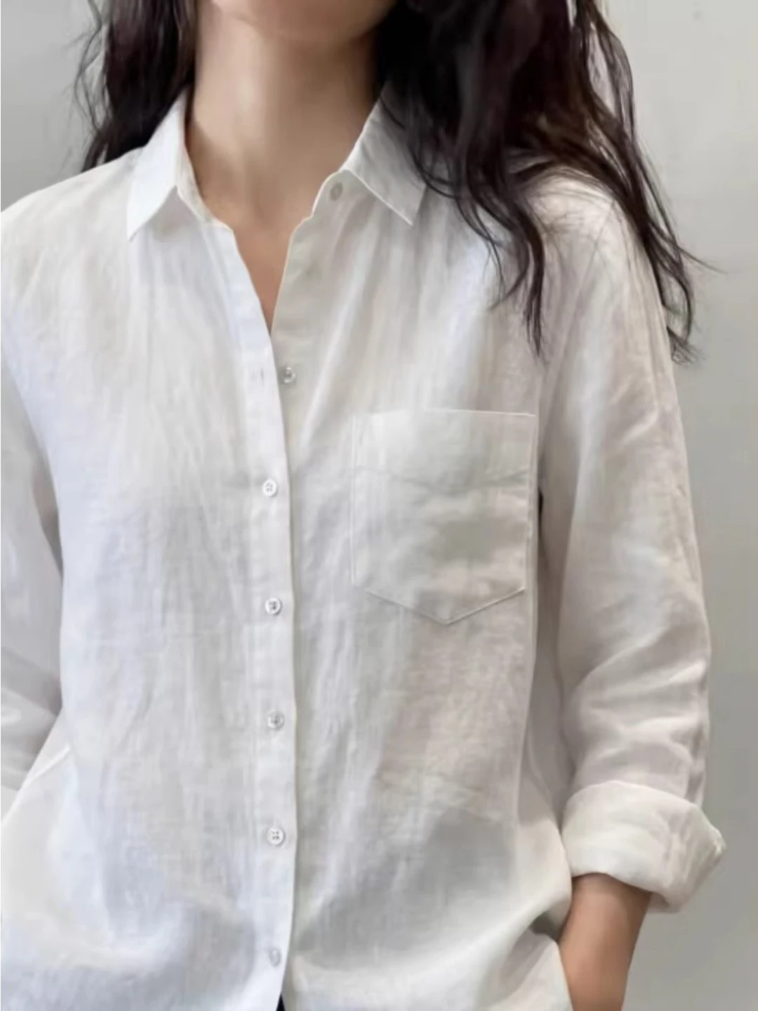 Elegant White Cotton Linen Shirt Women Summer Lightweight Age-defying Fashionable Loose Long Sleeve Outerwear Sun Protection