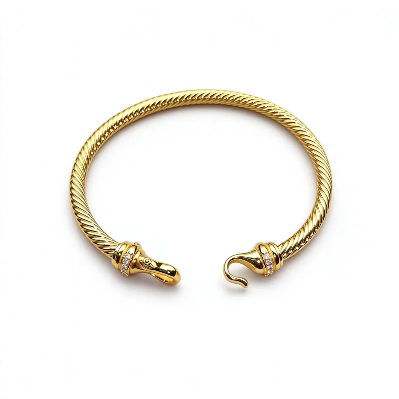 Gold Tone Twisted Open Cuff Bracelet with Hook Clasp and CZ Stone Details, Elegant Statement Wrist Bangle, 4mm/5mm/7mm Band Width, High Quality Alloy, Hypoallergenic, Polished Mirror Finish, Durable Jewelry for Women, Ideal Gift Choice, Elegant Design
