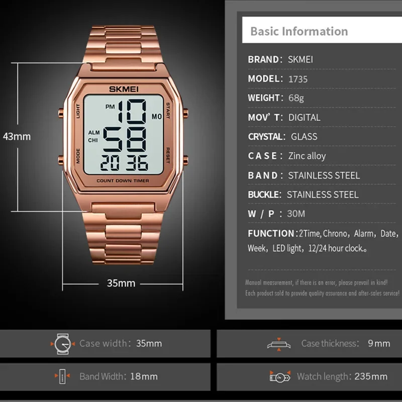 SSKMEI-reloj Digital LED para hombre, cronógrafo deportivo, electrónico, de negocios, con correa de acero, resistente al agua, 1735