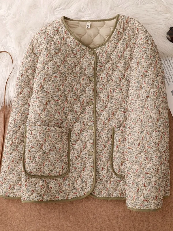 Chaqueta de Aodón con Cuello Redondo y Estampado Floral para Mujer, Ropa de Invierno, Rell de Aodón, Hoada, Adeaza...