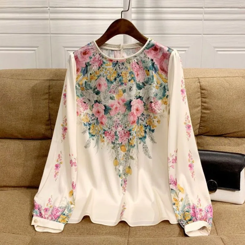Round Necked Shirts Women\'s Short 2023 Spring Autumn New Plant&Flowers Printed Lantern Sleeve Button Chiffon Loose Pullover Tops
