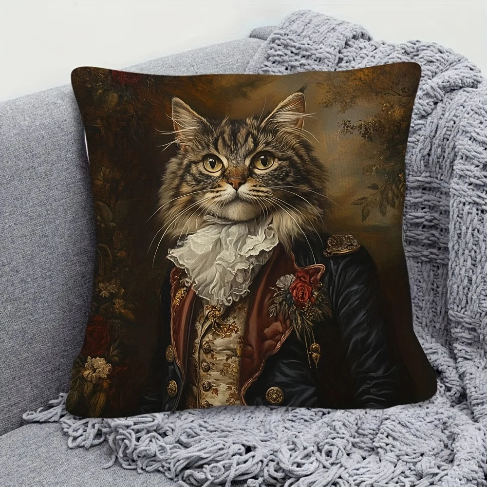 2D flat- Vintage Aristocratic Cat Portrait Throw Pillow Cover Victorian Royal Pet Art Cushion Case for Home Sofa Decor