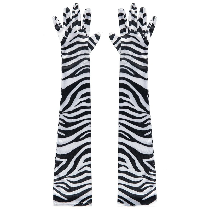 Women Satin Fashion Personality Zebra Print Elasticity Holiday Party Sunscreen Drive Ride Long Gloves Bar Dance Cosplay