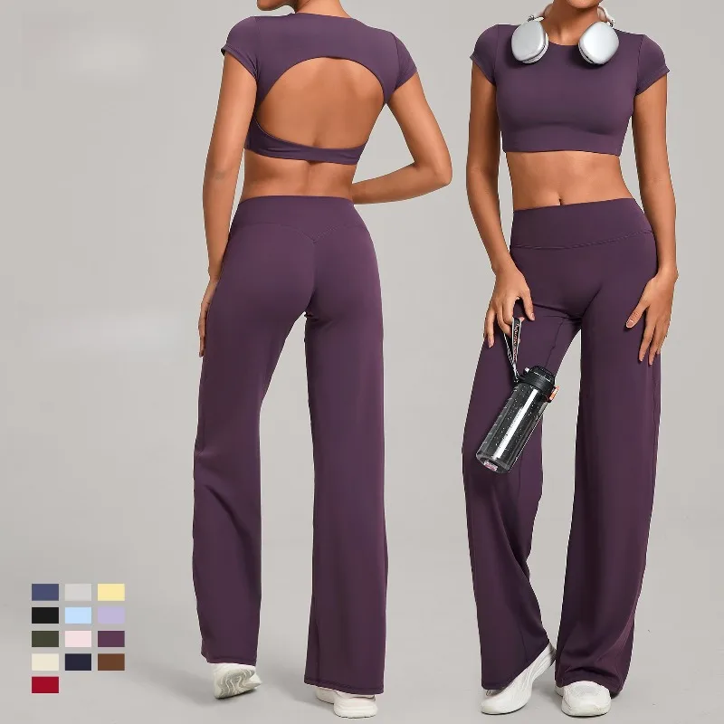 

Женский комплект одежды для йоги, облегающие быстросохнущие прямые брюки с открытой спиной и короткими рукавами, спортивный комплект из двух предметов для фитнеса и бега
