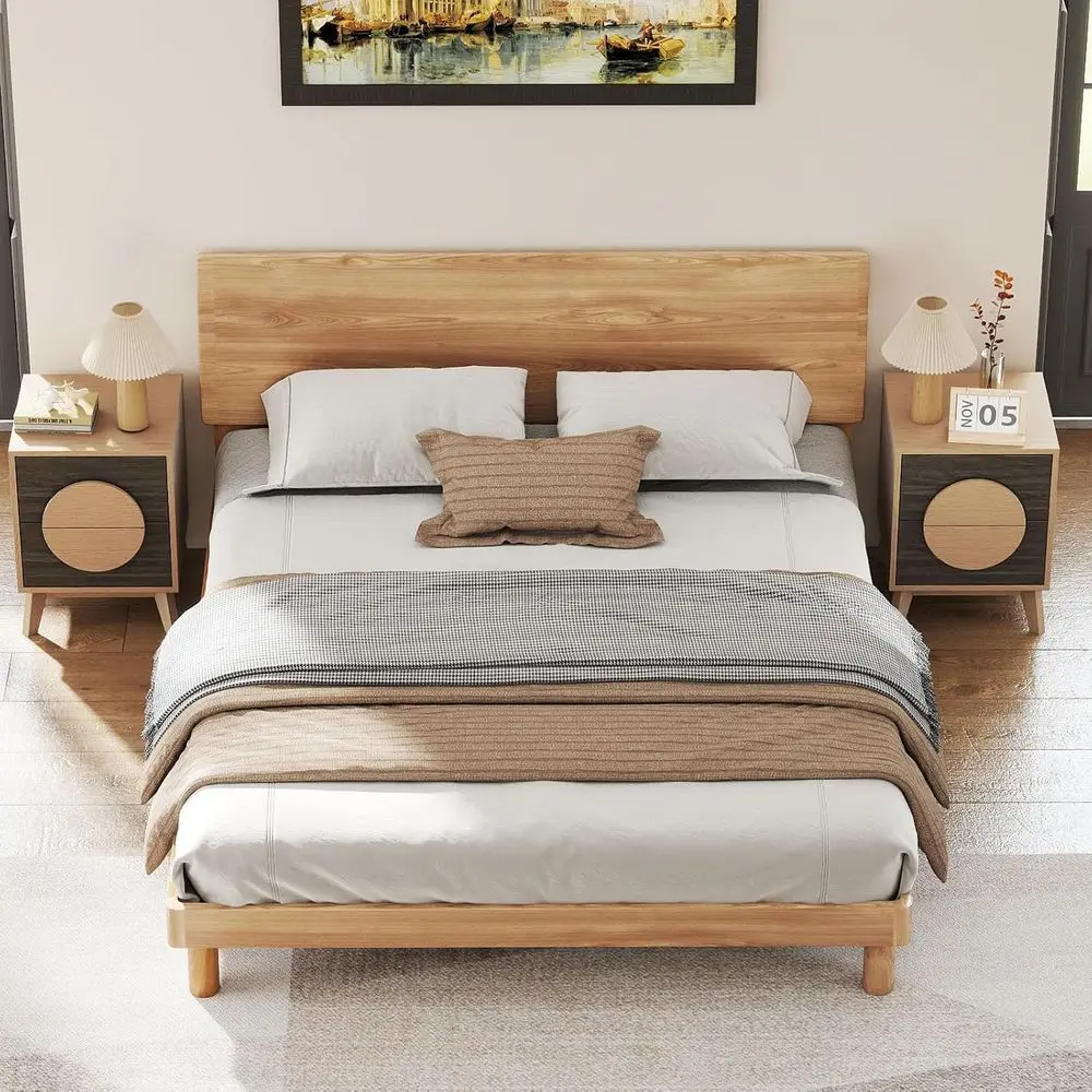 

Nightstands Set o 2 - Century ern Night Stand with Der and Round Handle, Oak Wood Bede Table End Side Table or Bedroom
