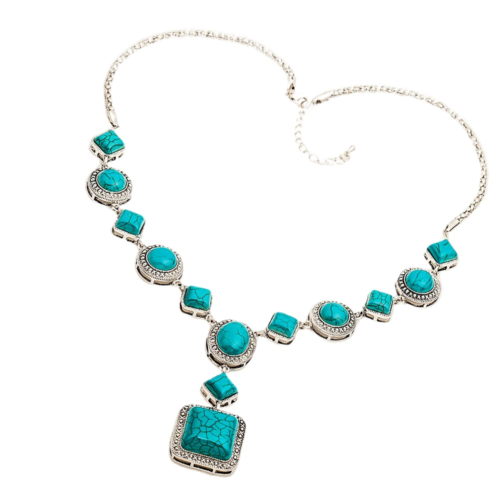 

Retro Alloy Vintage Turquoise Chain Green Kallaite Women Jewelry Party Neck Decoration Supplies Daily Style Thin