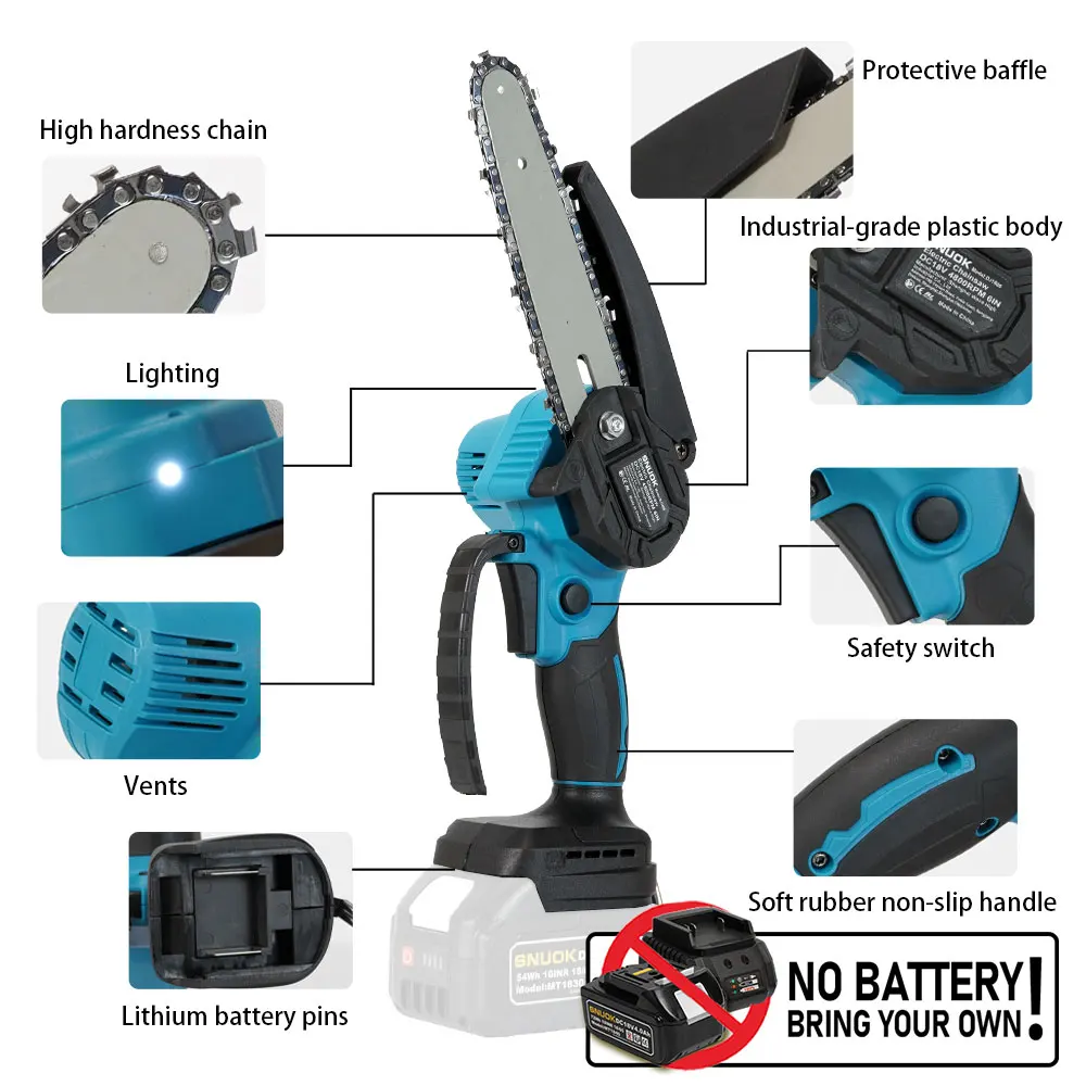 Snuok 6 Polegada sem escova motosserra portátil batteryless 4800rpm sem fio carpintaria serra portátil para makita 18v bateria de lítio