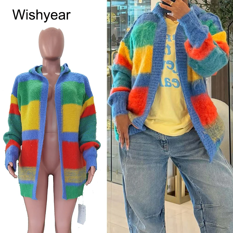 

Женский винтажный вязаный кардиган в радужную полоску, свитер, пальто, свободная куртка с длинными рукавами и капюшоном, теплая зимняя уличная одежда, верхняя одежда y2k