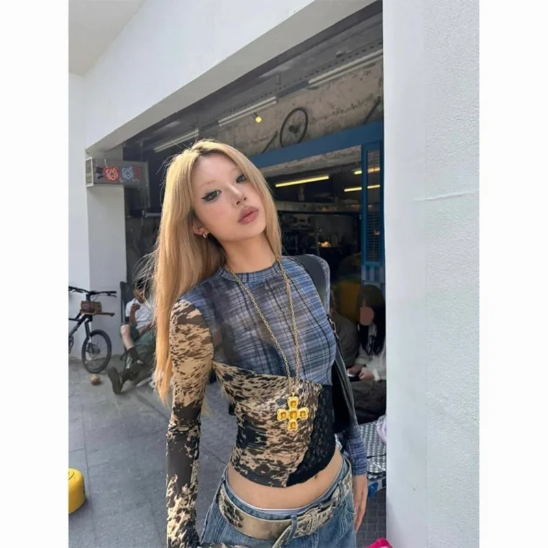 Vintage Plaid Patchwork Mesh Print Tshirts Women Harajuku Y2k Aesthetic Transparent Slim Base Tops Long Sleeve Tees Ins