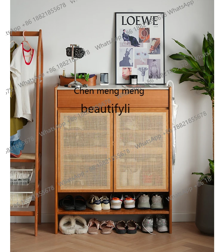 

Modern Solid Wood Cherrywood Rattan Entrance Cabinet Stone Plate Japanese Retro Large Capacity Storage Shoe Cabinet