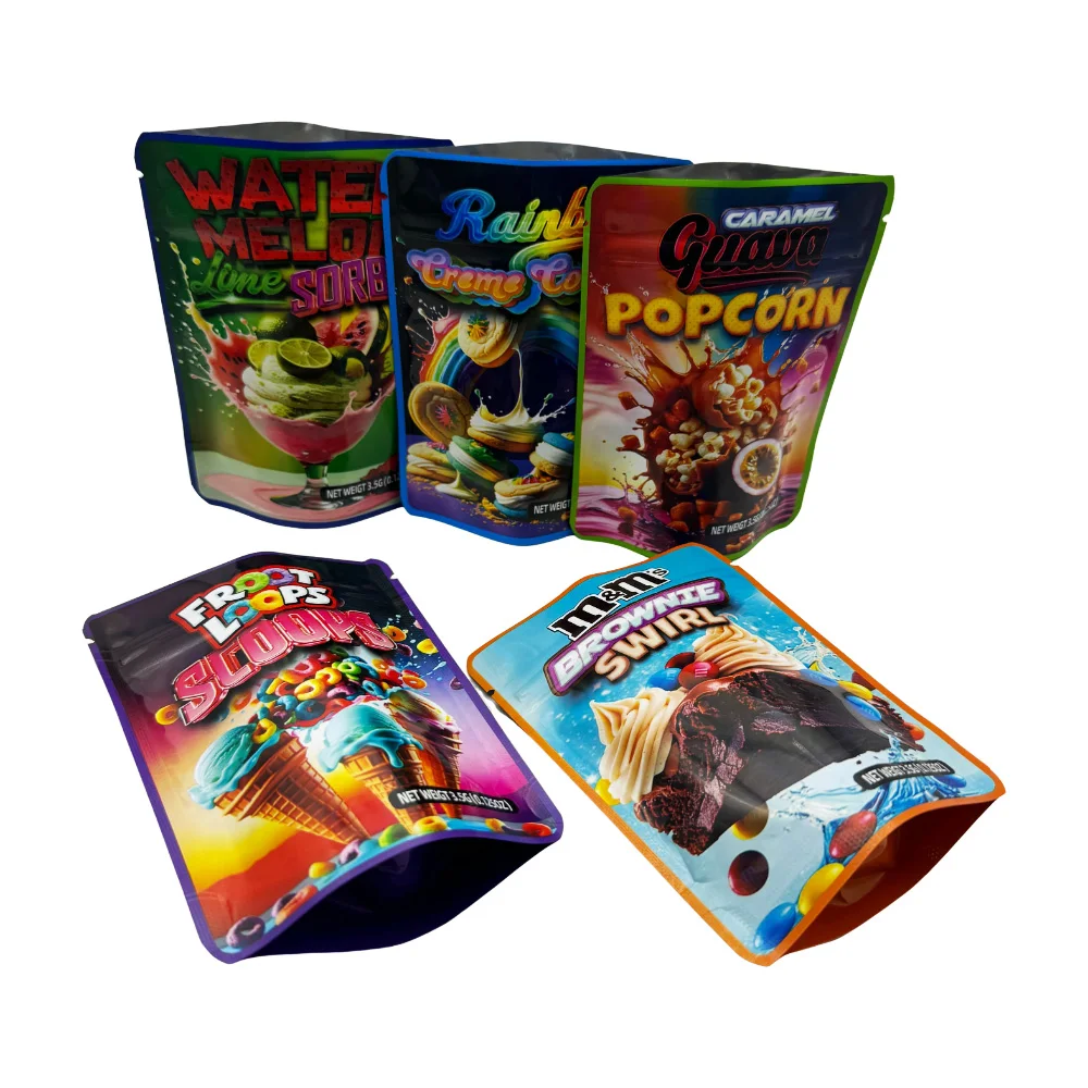 Bolsas de Mylar con Diseños de Frutas para Almacenamiento de Pasteles, Estuche de Embalaje de 3.5g, Bolsa a Prueba de Olores, Bolsa con Cierre Hermético de Tacto Suave, Diseño de Dibujos Animados, Paquete Vacío para Snacks de 3.5