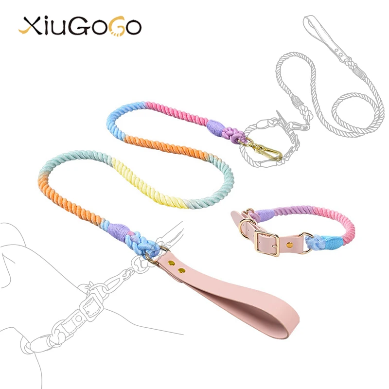 

1.5M Dog Leash Colorful Handmade Braided Cotton Leather Traction Rope Collar Set For Small Medium Large Pet Accessories