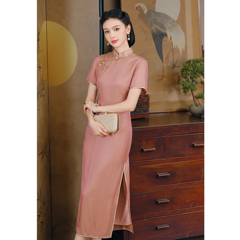 High Quality Spring and Summer High-Grade Mixed Pink Cheongsam Real Silk Dress Female Improved Young 2024