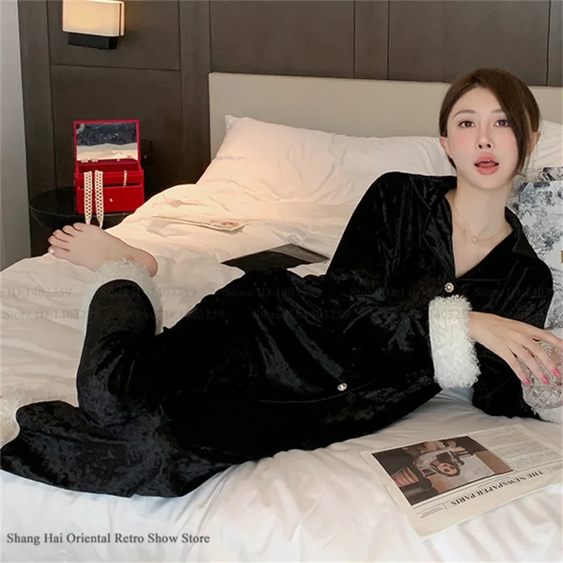 Thicken Velour Pajamas 2Pcs Set Loungewear Elegant Velvet Sleepwear Trouser Pijamas Suit Loose Casual Velvet Home Clothes Pyjama
