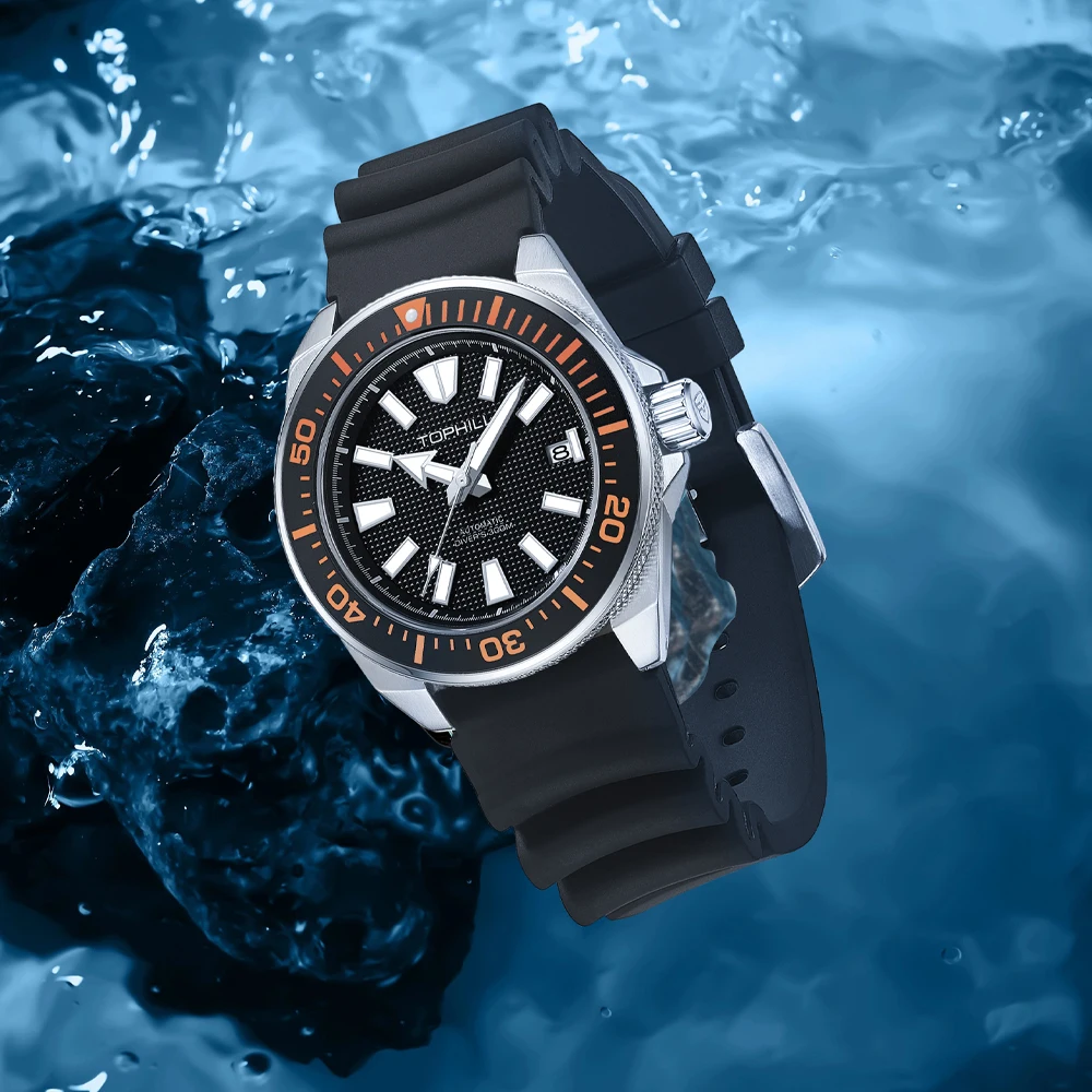 TOPHILL Men Diving Watch NH35 43.8mm Automatic Aluminum Bezel Oil Pressured Waffle Dial 300M Waterproof C3 Luminous Reloj TD008G
