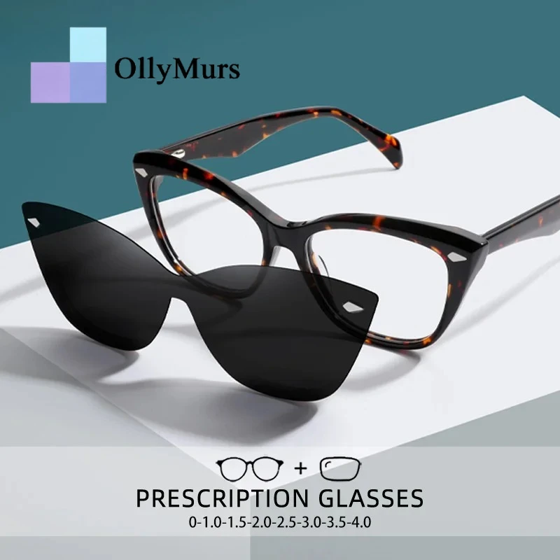 

OLLYMURS Trendy Cat Eye Clip on Reading Glasses Women Polarized Sunglasses With Anti-Blue Ray Myopic Hyperopia Prescription Glas
