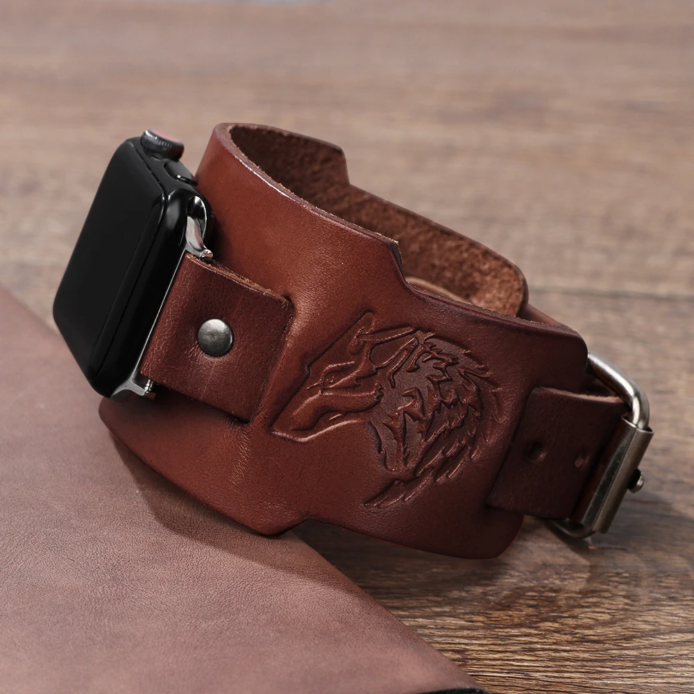 Vintage-Lederarmband für Apple Watch Armband 46mm 49mm 45mm 44mm 42/41/40 Wolf Totem Correa iWatch Series Ultra 3/11/10/9 Band