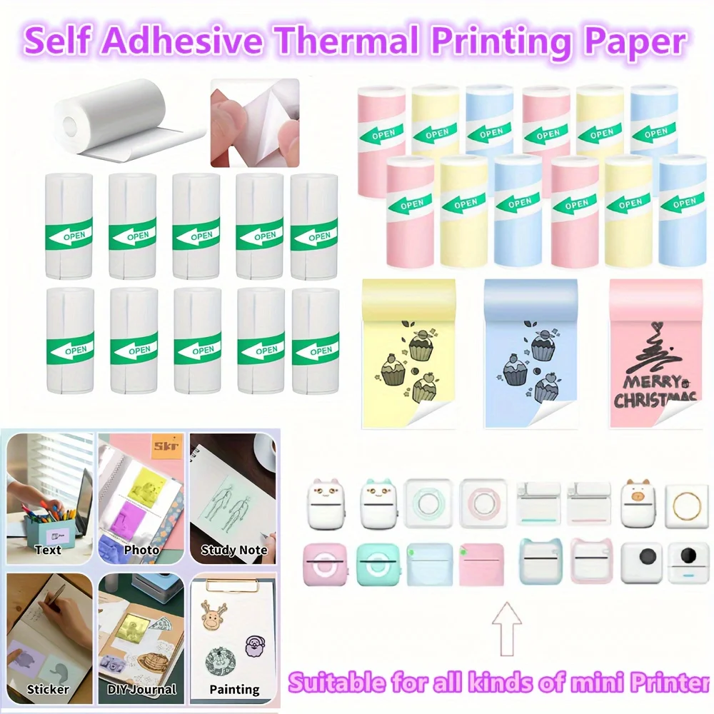 

12 Rolls Color & 10 Rolls White Self-Adhesive Thermal Paper Study Error/Receipt Printer Refills for School/Office/POS Printing