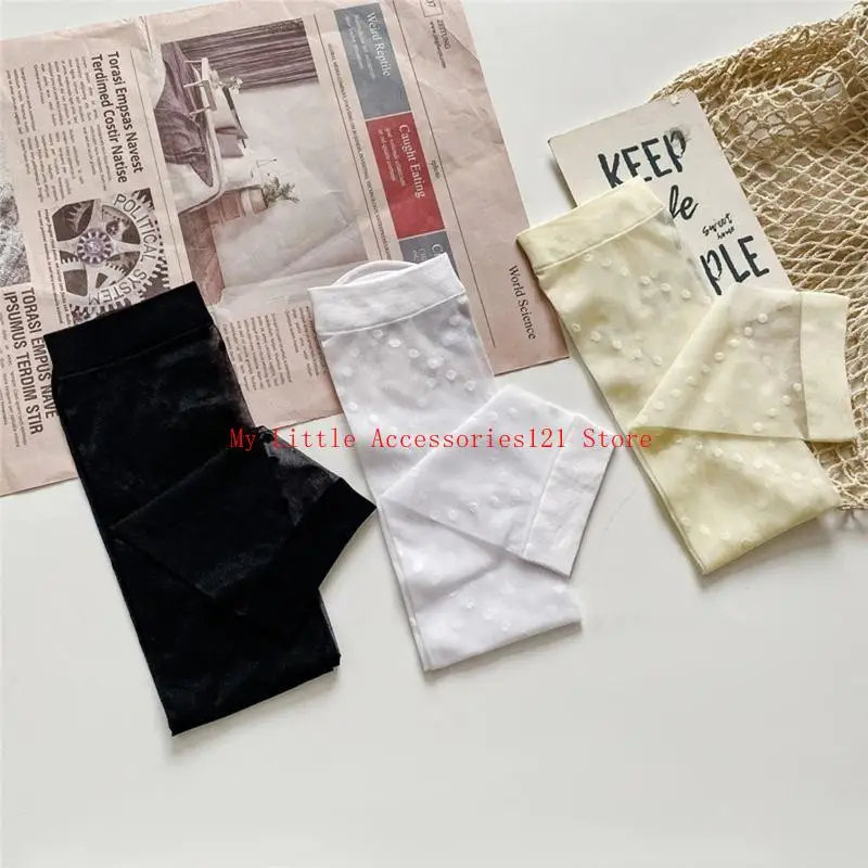 

Women Silky Knee High Socks Japanese Preppy Vintage Twill Polka Dot Pattern Transparent Mesh Calf Stockings