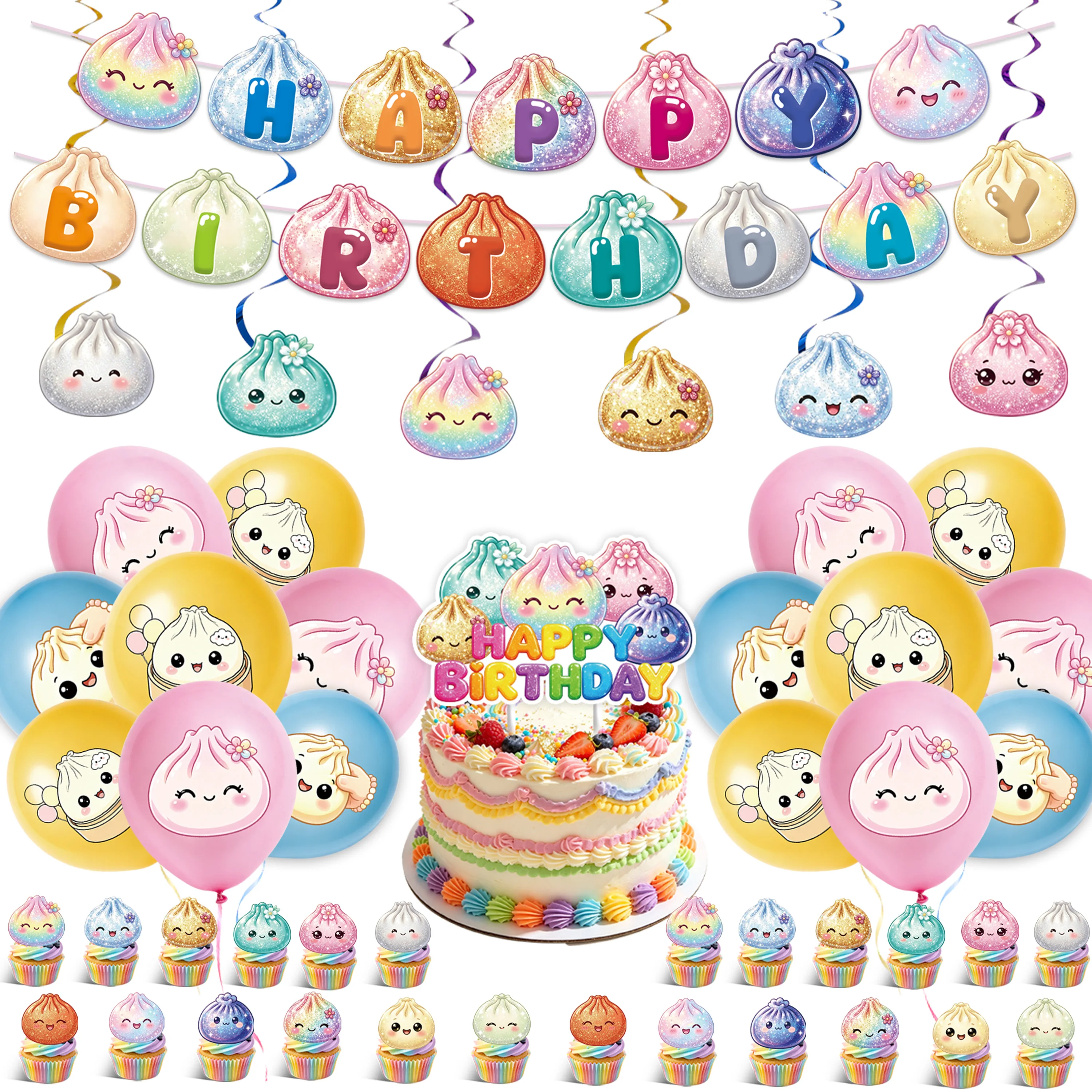 Cute Dumpling Bao Birthday Party Decorations Kit Kawaii Cartoon Happy Birthday Banner Balloons Hanging Swirls Cake Toppers