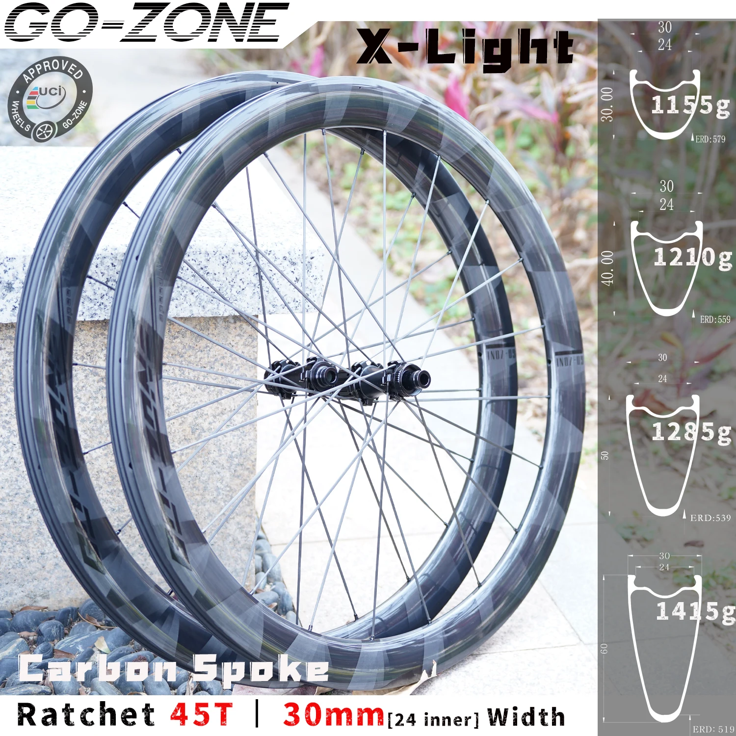 

Carbon Spoke X-Light 1155g 700c Road Wheels Disc Brake 45T Ratchet Gozone R280C Normal / Ceramic UCI Approved Bicycle Wheelset