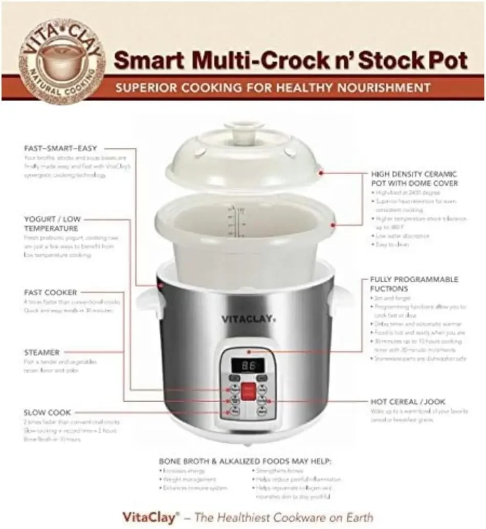 Vitaclay Smart Stoneware Multi Crocks Stock Pot - Electric Pot for Cooking Bone Broth, Large Slow Cooker, Yogurt Maker, Stew Pot