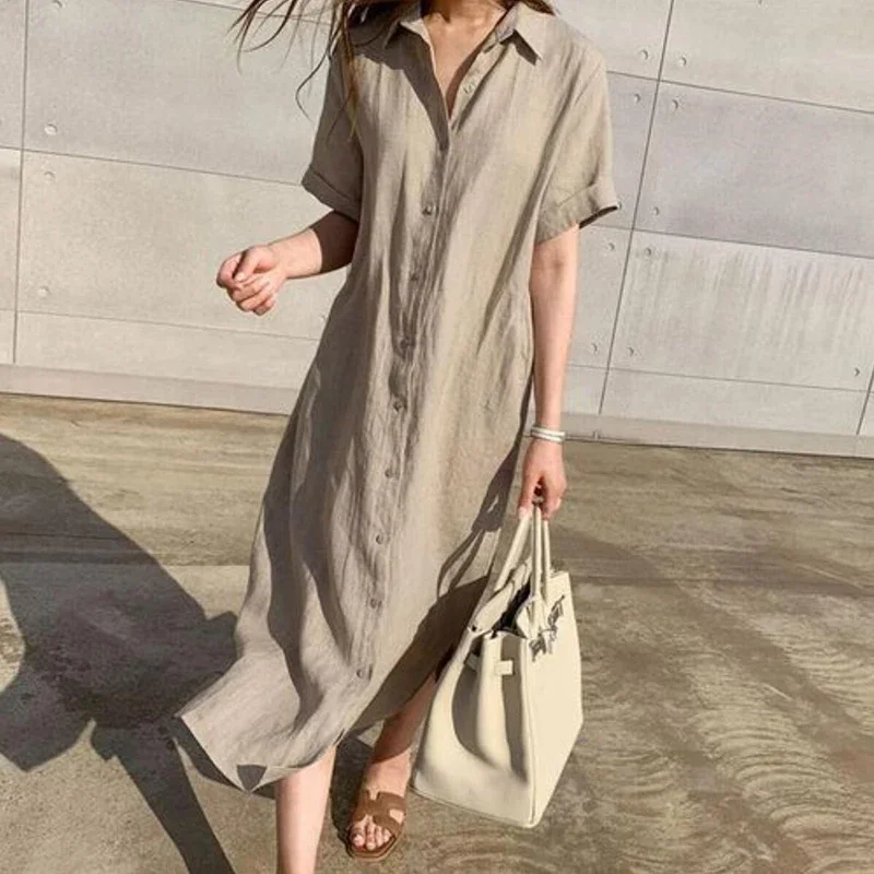 Cotton Linen Women Long Dresses Female New Fashion Loose Clothes Ladies Short Sleeve Turn down Collar Commuting Loose Cardigan