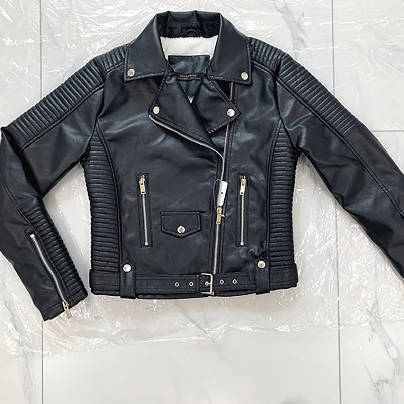 Czarna kurtka PU damska na jesień i zimę, pikowana, w stylu motocyklowym i rowerowym, z klapami, amerykańska moda casual, retro, z nitami.