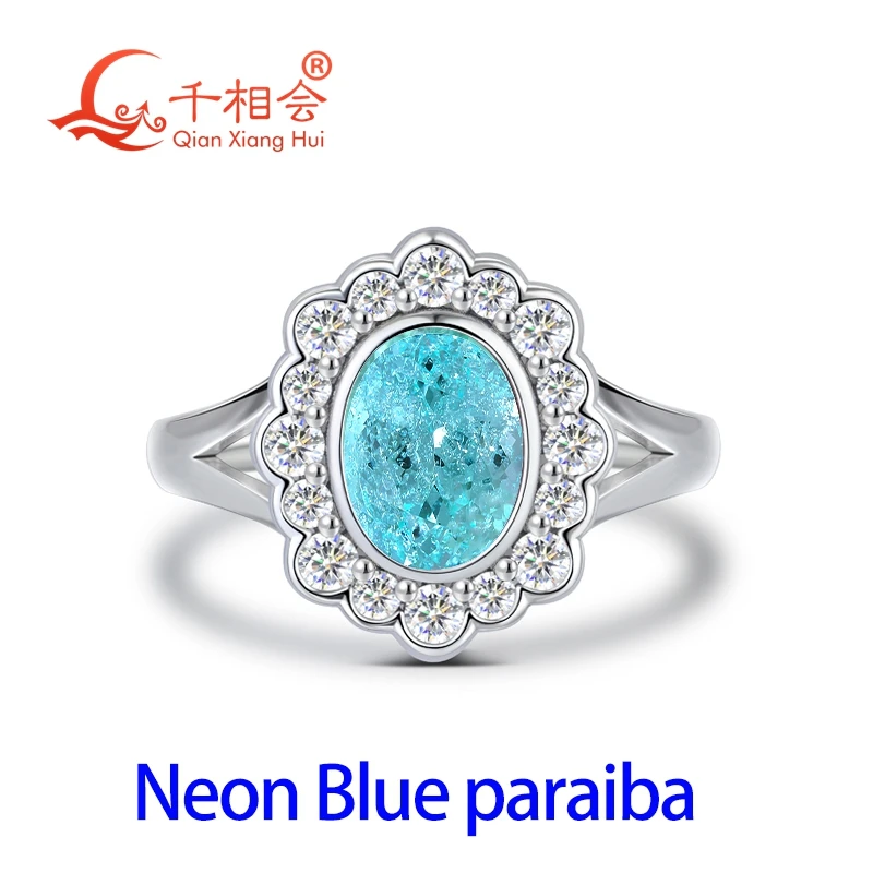 Lab Grown Oval Paraiba Tourmaline Halo Ring 6*8mm, S925 Silver with Moissanite Accents, Neon Blue Green Paraiba Jewelry view 2