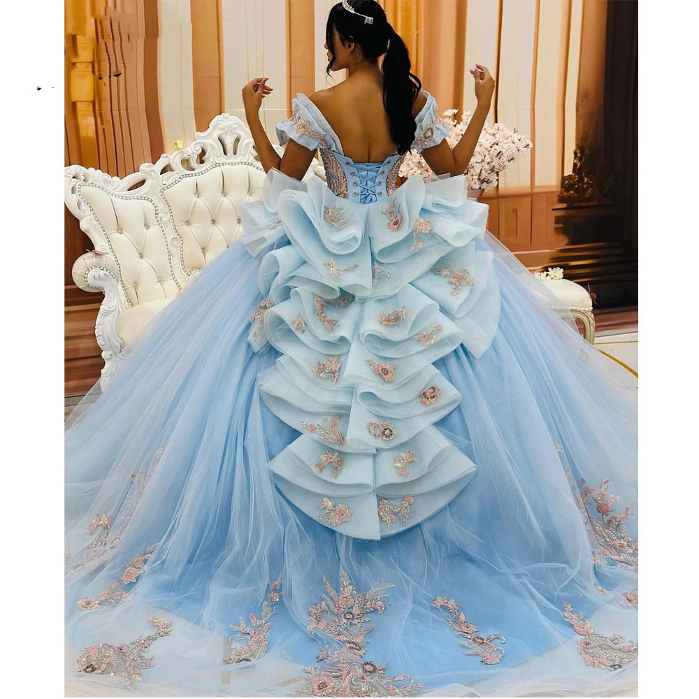 ANGELSBRIDEP Sky Light Blue abiti Quinceanera abito da ballo abito da festa di compleanno Applique perline Tulle lungo formale PrincessGown