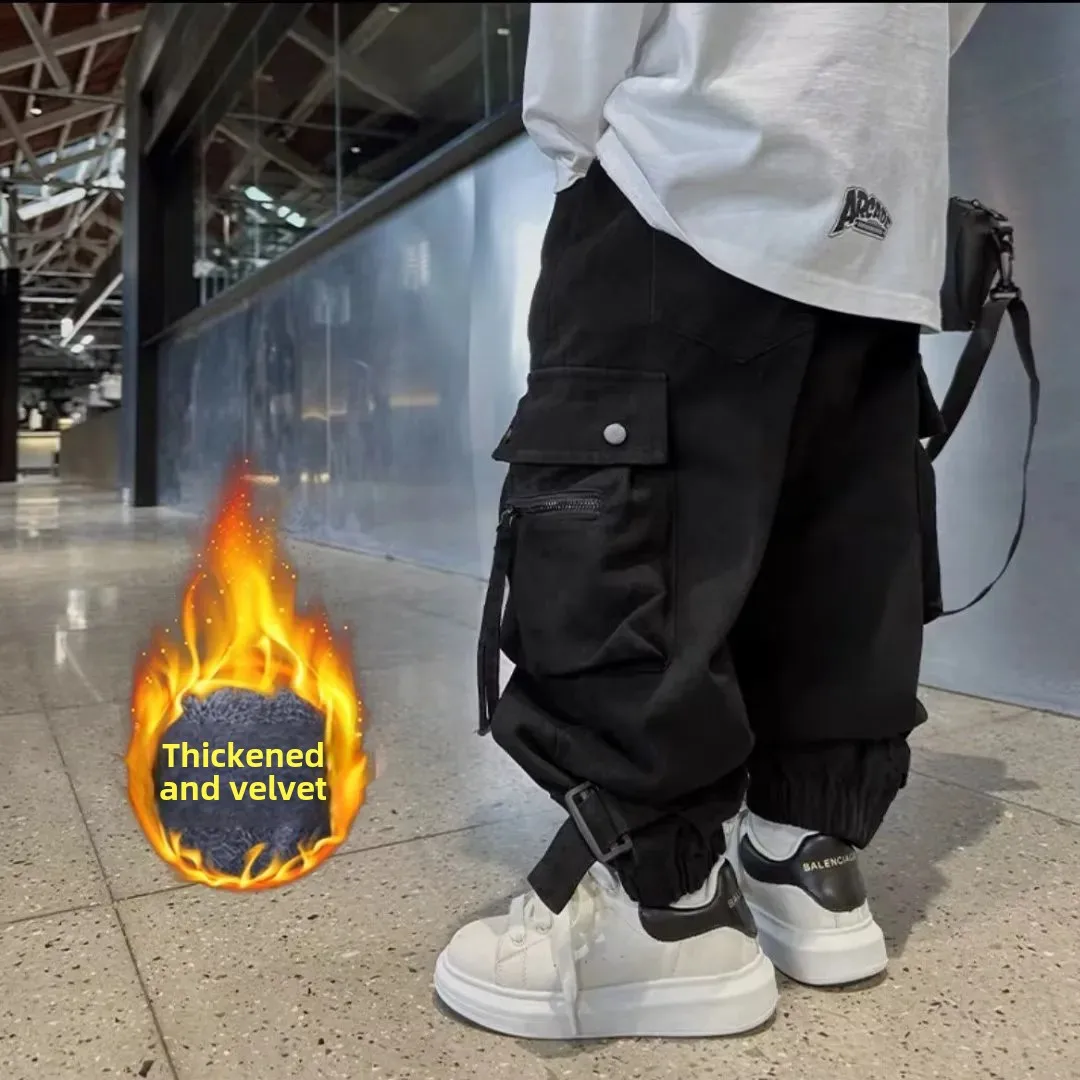 Boys Cargo Pants Kids Fleece-Lined Trousers Children Casual Hip Hop Style Pants Autumn Bottoms Teenager Winter Warm Clothing