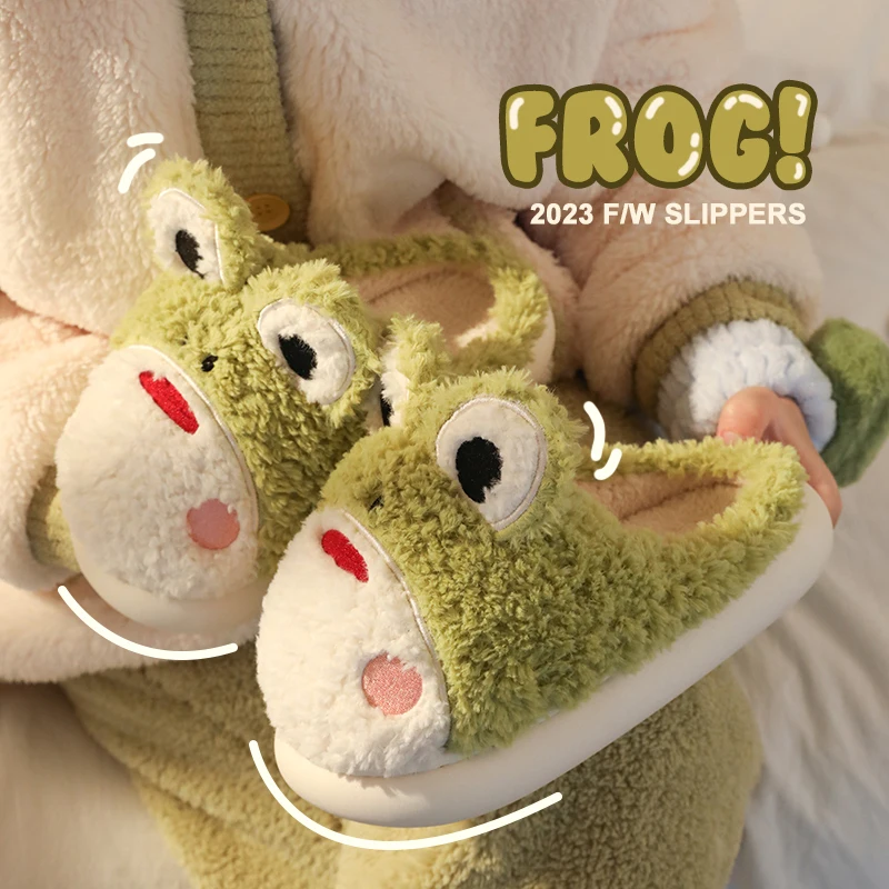 Cute Frog Cotton Home Slippers For Women In Winter Cute Cartoon Indoor Home Frog Fur Thick Bottom Warm Winter Slippers For Men