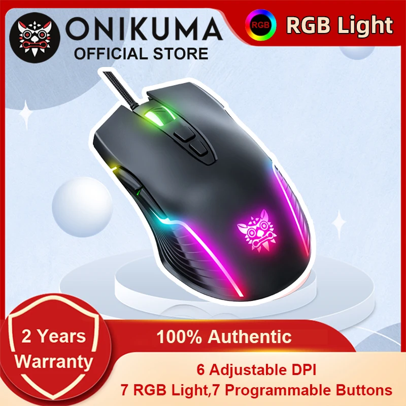 ONIKUMA Wired Gaming Mouse with RGB Light Adjustable 6400 DPI 7 Programmable Buttons Ergonomic Design Mice for PC Compute