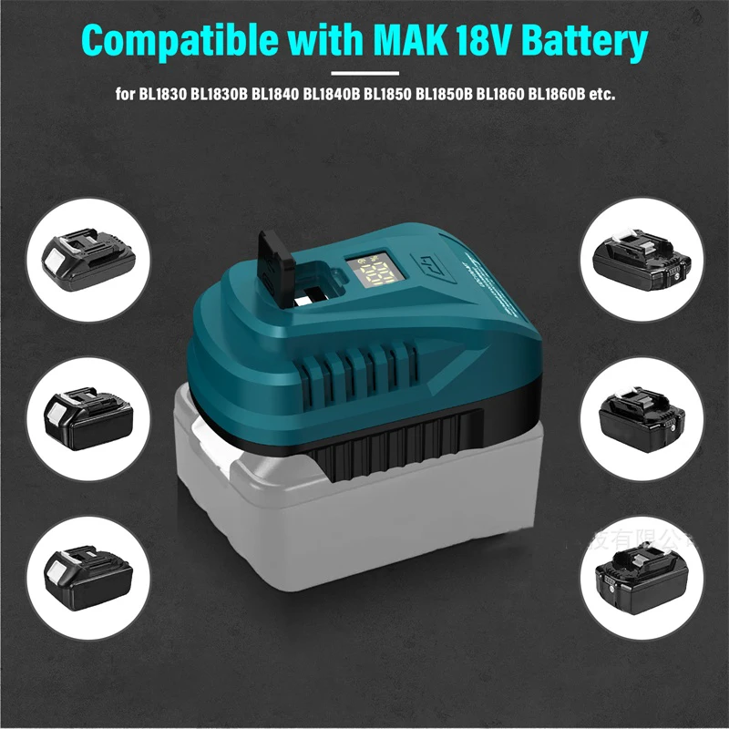 100W USB Wall Charging Kit Adapter For Makita/Dewalt/Milwaukee/Einhell Li-ion Battery with QC3.0 Type-C/USB Port and LED Display