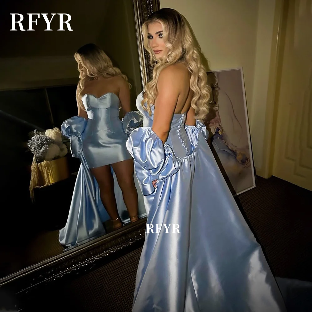 

RFYR Blue Prom Dress with Cape Sleeve Evening Dress with Flowers Mini Celebrity Gala Dress for Women vestidos Customized